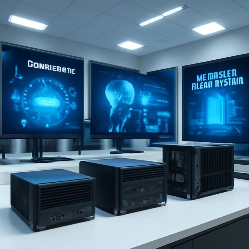 a modern technology lab showcasing edge computing devices, with digital displays showing AI applications, bright lightin