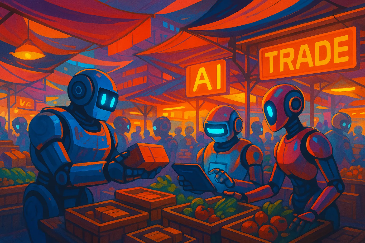 editorial illustration of a futuristic marketplace with AI agents trading goods, vibrant colors and dynamic lighting
