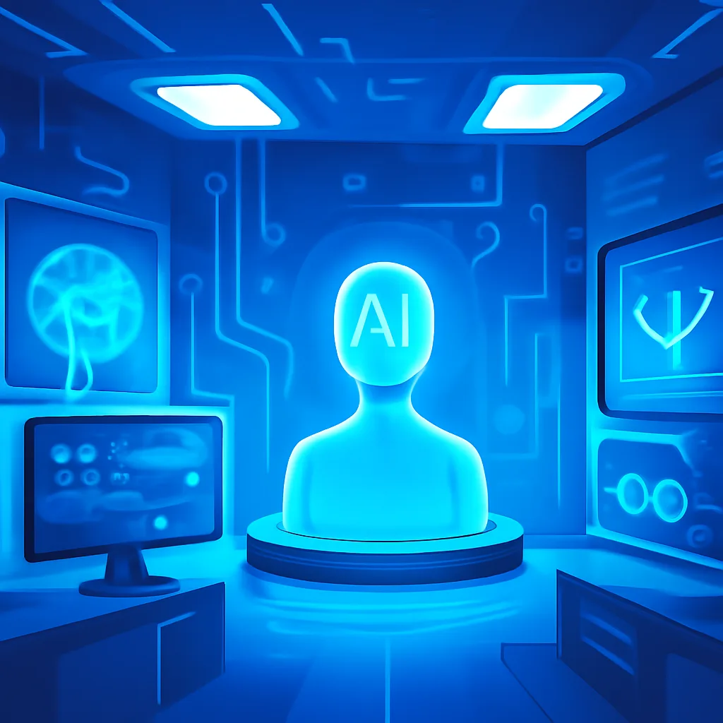 editorial illustration of a futuristic AI laboratory with abstract technology elements, bright lighting, no people
