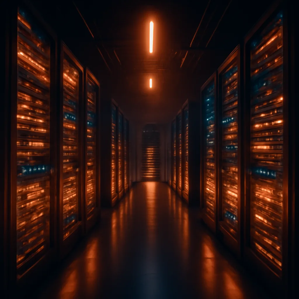 dramatic lighting of a futuristic AI data center with glowing servers
