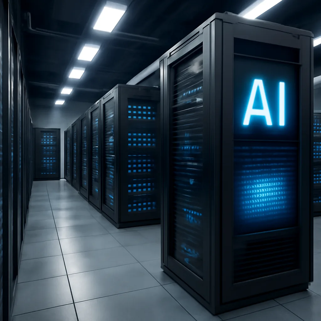 photorealistic view of a modern data center with advanced AI systems and servers