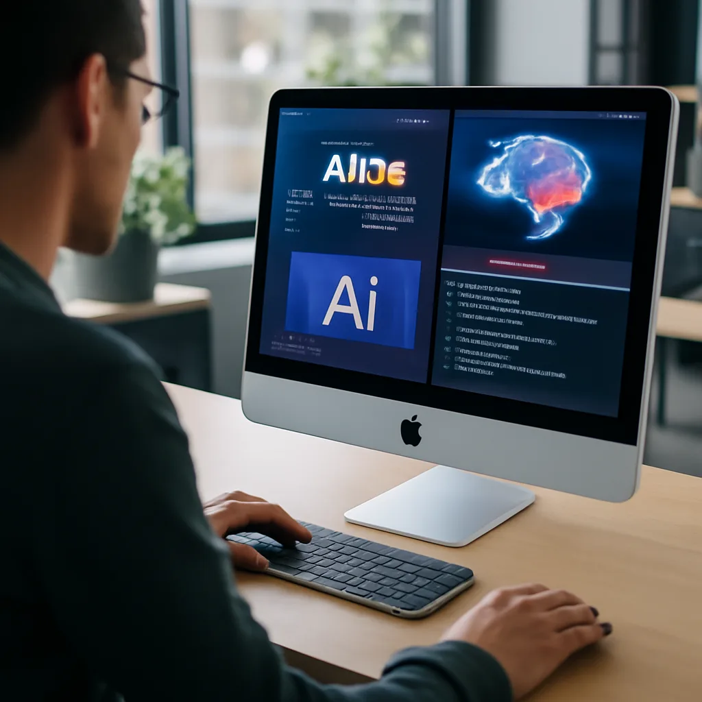 a person using a Mac computer with AI applications open, in a modern office setting