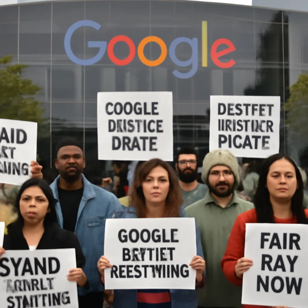 a group of diverse Google employees protesting with signs in front of a Google office building