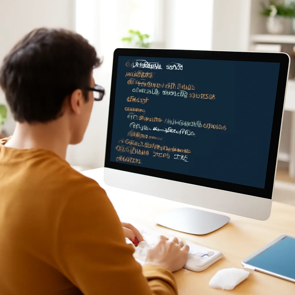 a person interacting with a computer, programming in HTML code, bright and modern workspace