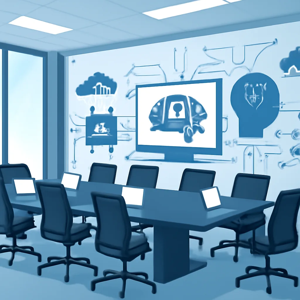 editorial illustration of a corporate boardroom with AI technology elements, modern design, bright lighting, no people