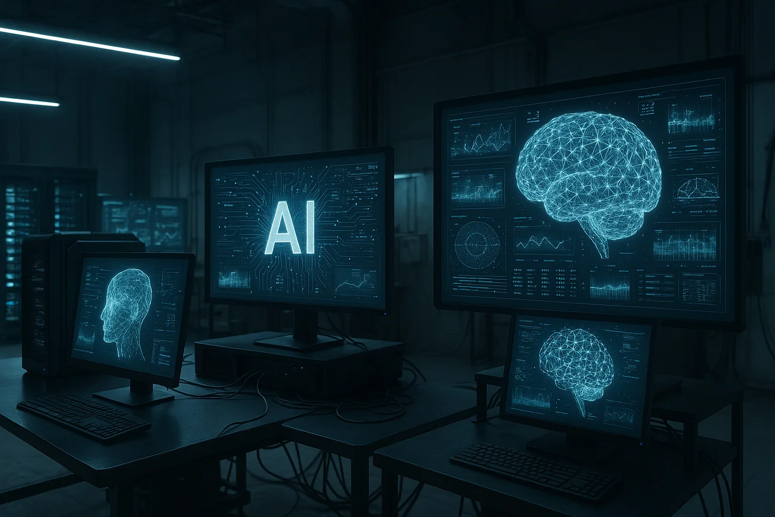 photorealistic view of futuristic AI lab with advanced computing devices and screens displaying AI models