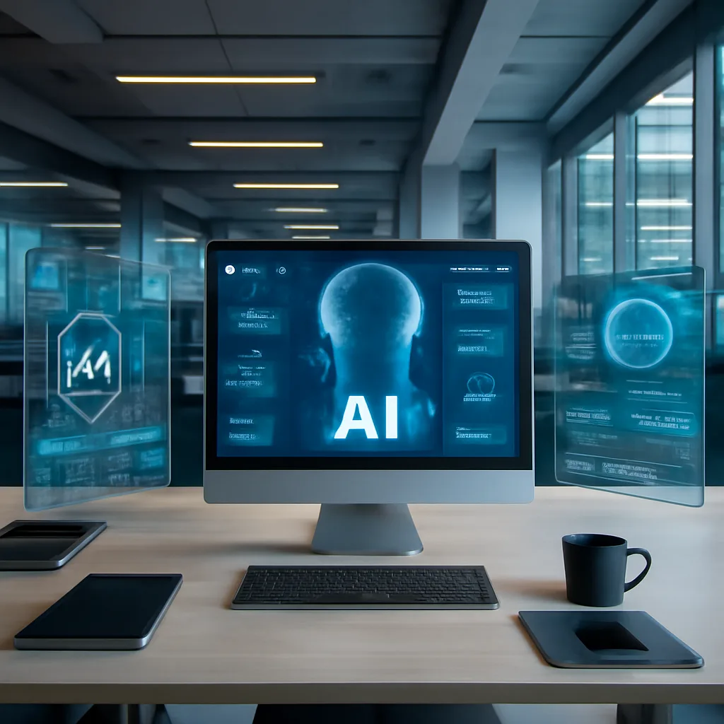 photorealistic view of a modern office with advanced AI technology and digital interfaces