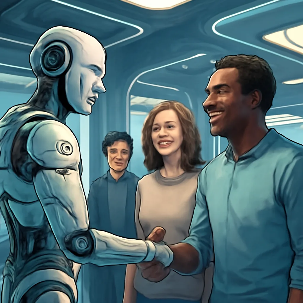 photorealistic illustration of AI interacting positively with humans in a futuristic environment