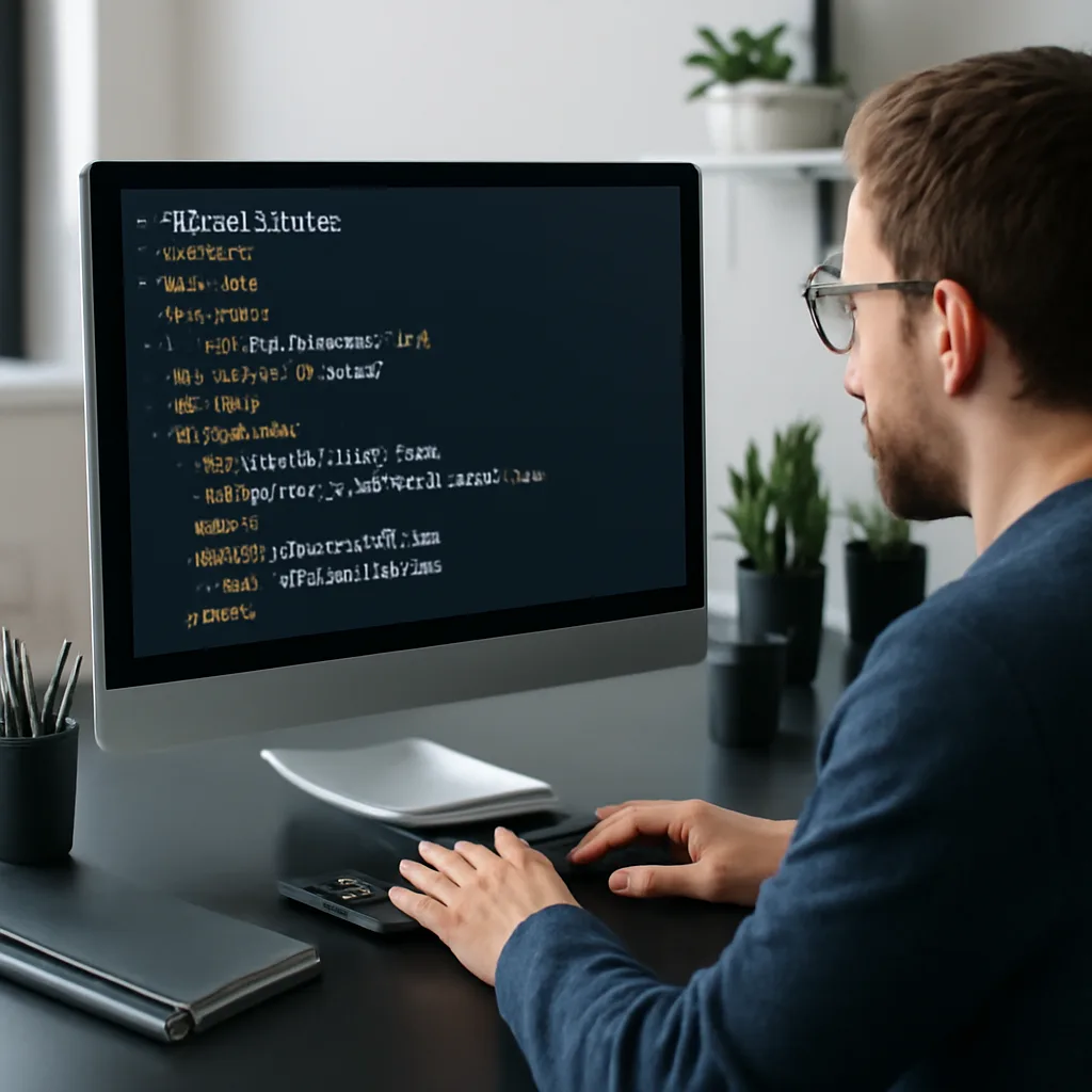 a modern web development workspace with HTML code on the screen and a developer focused on coding