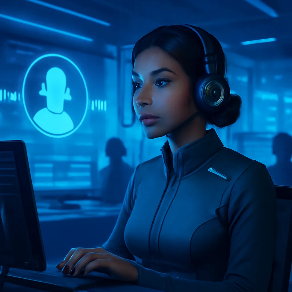 a futuristic scene of a customer service representative using AI voice technology in a call center