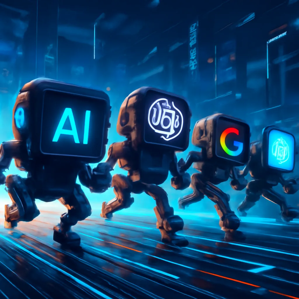 photorealistic illustration of AI tools competing in a futuristic digital landscape