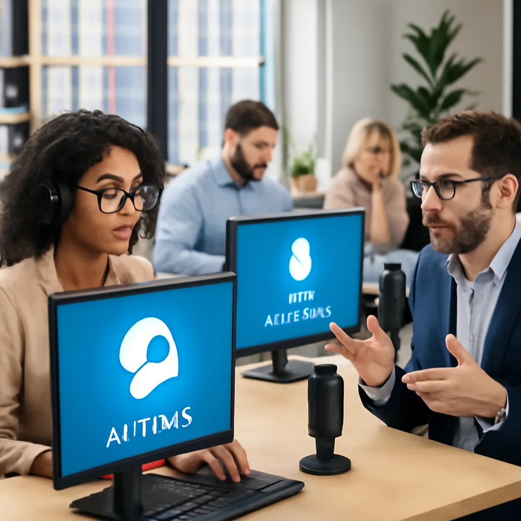 a modern office with employees using AI tools and voice dictation technology