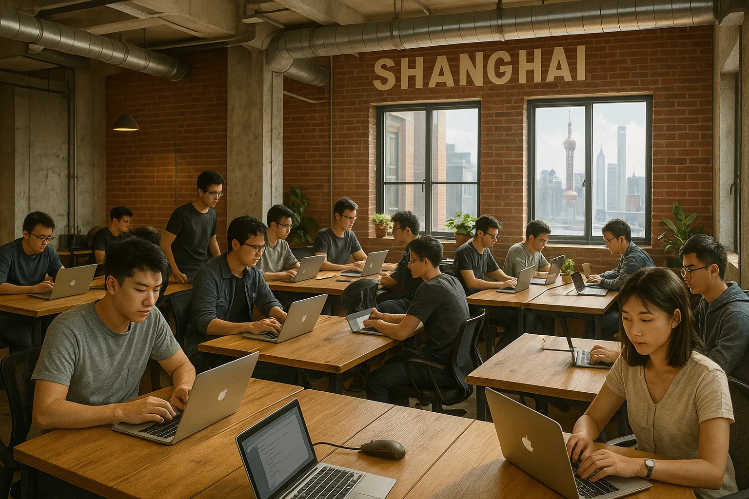 a bustling startup workshop in Shanghai with young entrepreneurs working on laptops